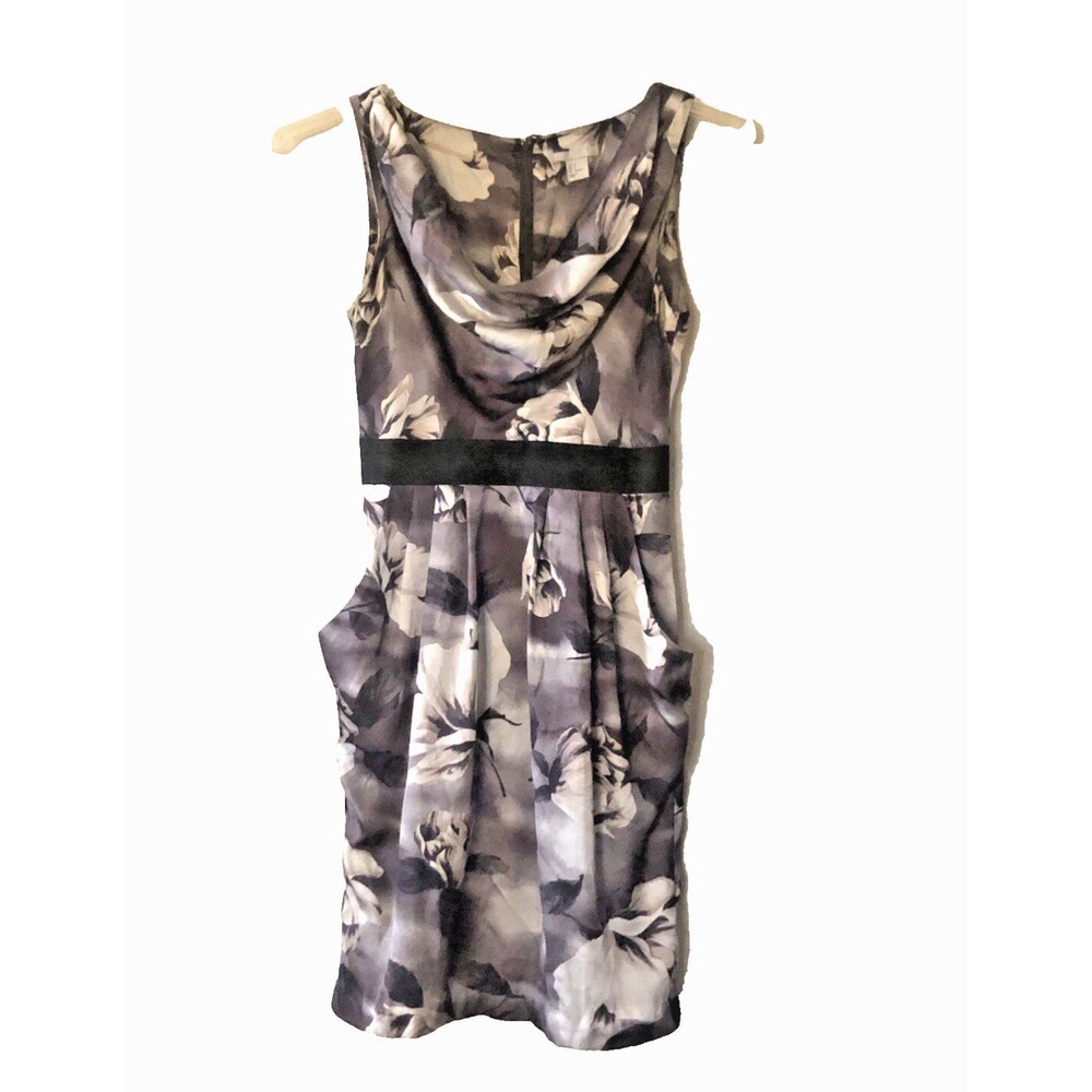 H & M Dress Sz 6 Floral White Gray Black Sleeveless Silky Fit & Flare Fall